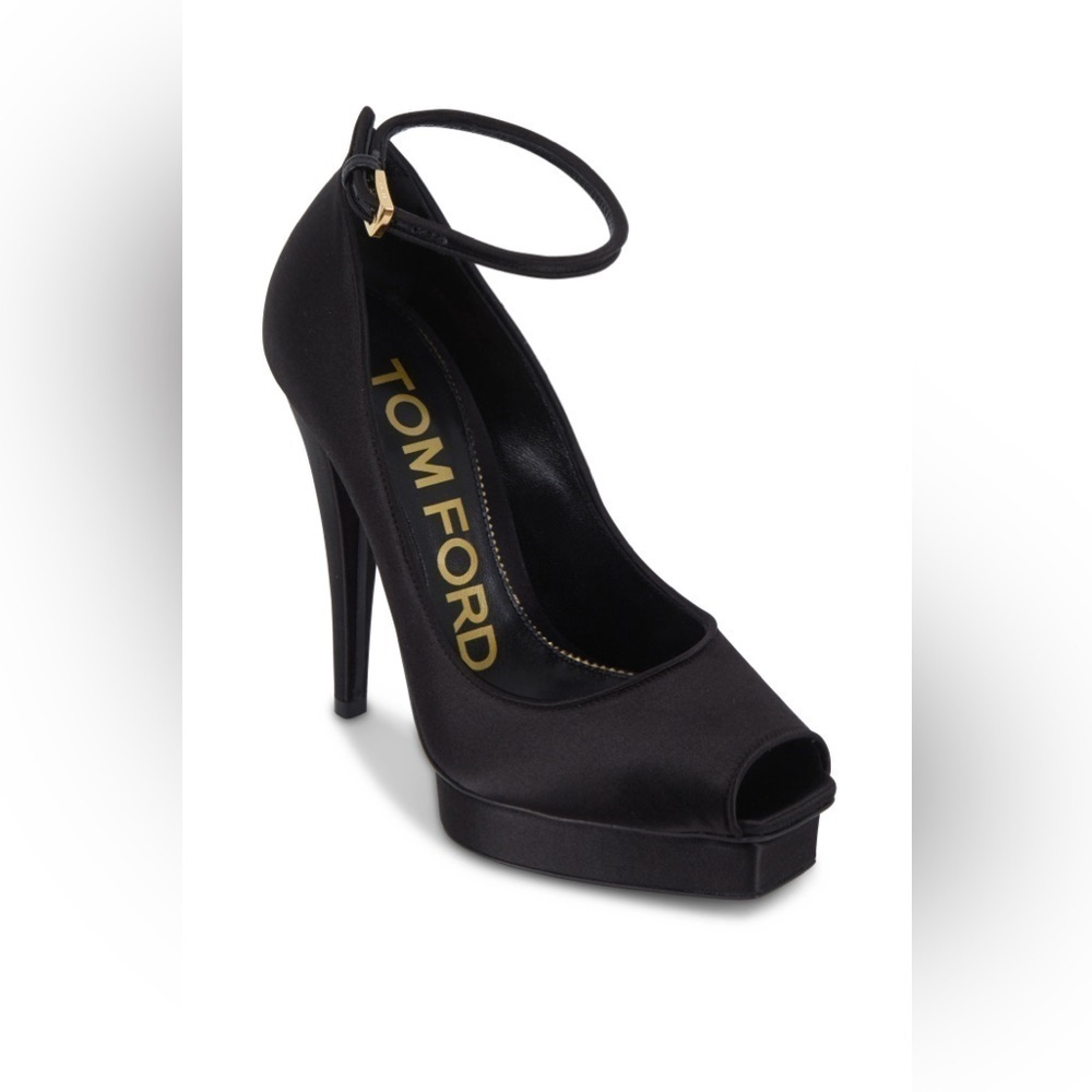 TOM FORD Black Satin Peep‎ Toe Heel Pumps Size 37 Authentic